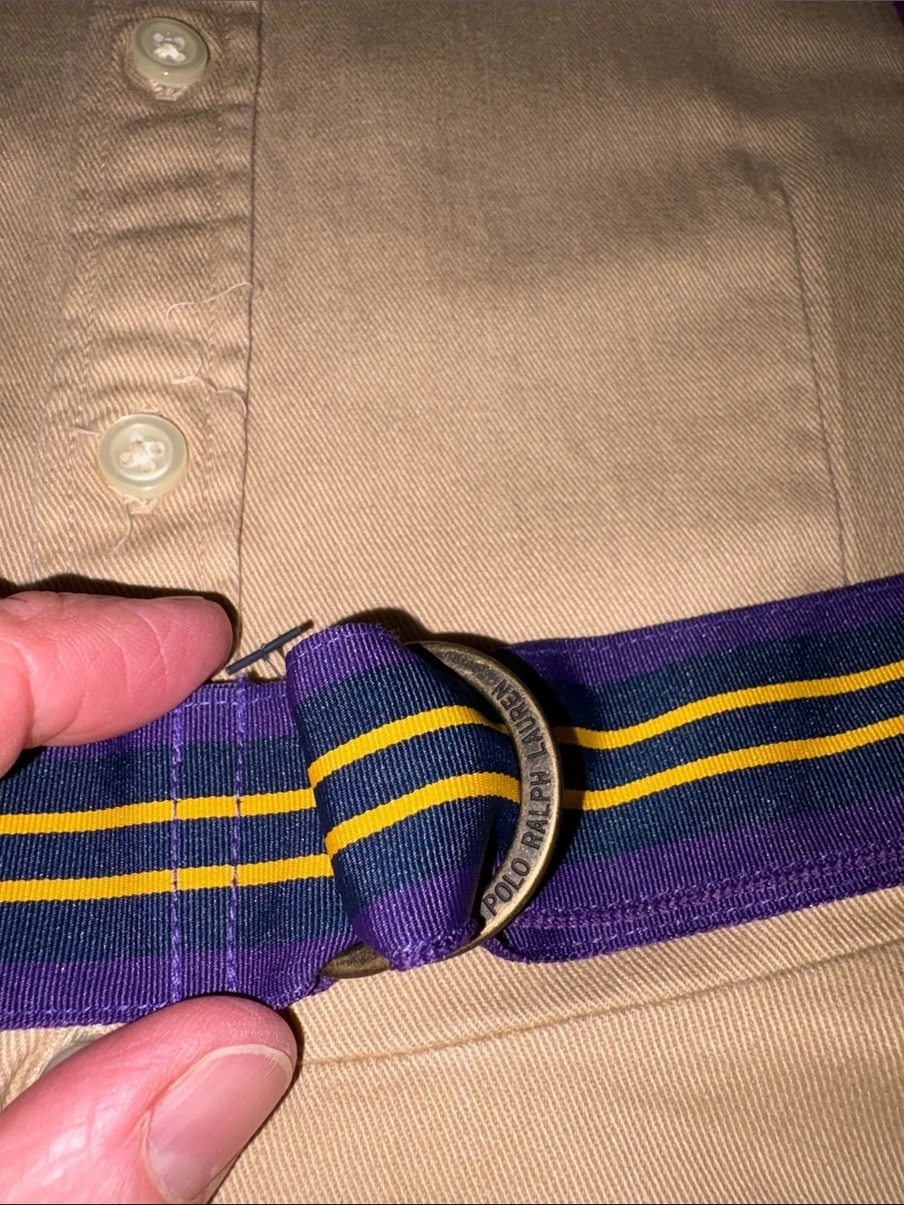 Ralph Lauren Khaki Button-Down Shirt Dress purple Yellow Stripe Belt girls 14